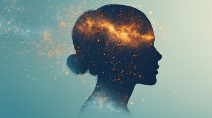 Hyperrealistic double exposure of a person’s silhouette overlaid with a tunnel and abstract light reflections