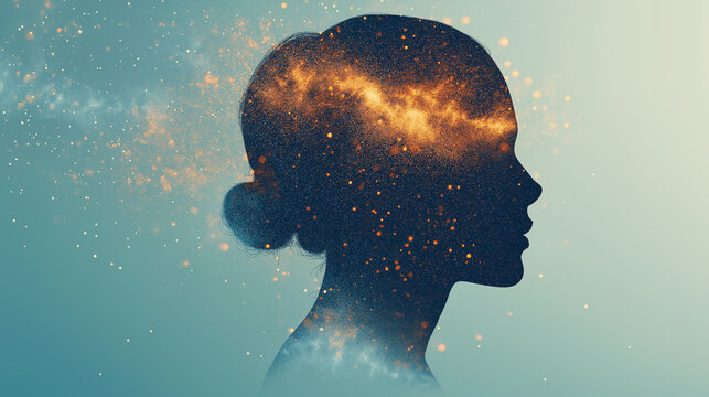 Hyperrealistic double exposure of a person&rsquo;s silhouette overlaid with a tunnel and abstract light reflections