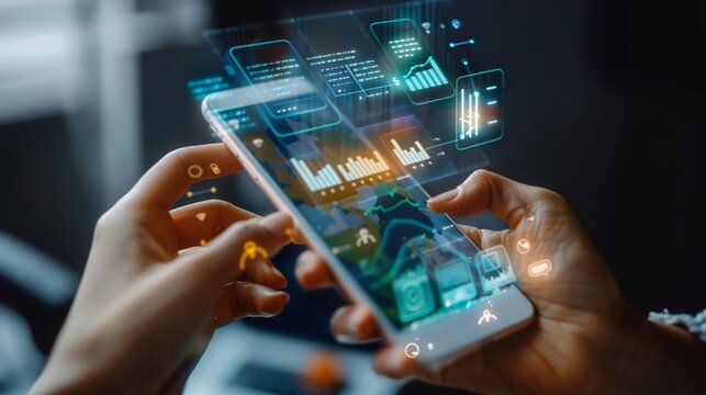 Digital Innovation Hands Holding Phone with Fintech Startup Hologram Projection Metrics and Growth Charts Showcase CuttingEdge Technology and Financial Success