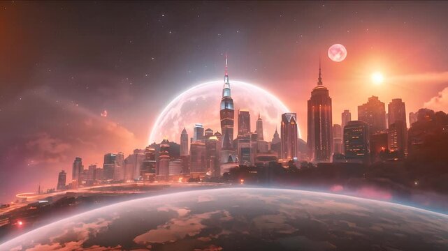 Earth's cities reach for the stars in this futuristic cityscape with towering skyscrapers, a vibrant night sky, and a colonized moon.