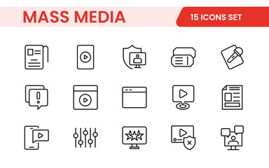 Mass media outline vector icons large set isolated on white background. media business concept. Media outline icons set.