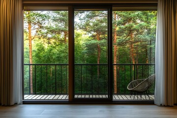 Balcony with forest view. Terrace with railing and access to the open air with nature landscape. Hotel room with modern ecofriendly interior made of wood