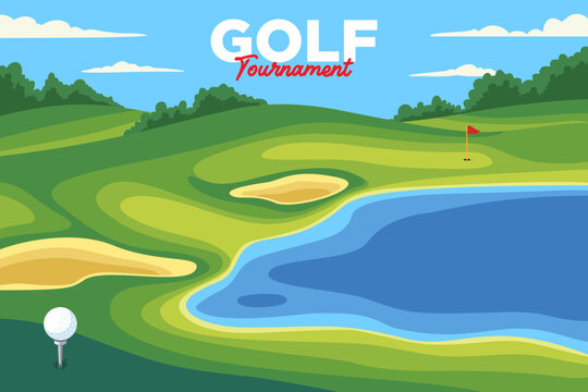 golf course with ball on tee, flag, hole and lake landscape background vector illustration collection for golf club sport and tournament banner, poster, wallpaper and social media