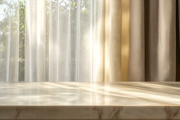 Beige marble table top on window background with curtains in kitchen. Concrete empty countertop for beauty products and food presentation