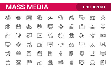 Mass media outline vector icons large set isolated on white background. media business concept. Media outline icons set.
