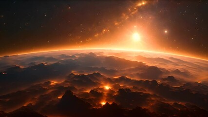 A new day breaks over Earth as seen from orbit, with the sun's rays painting the atmosphere in vibrant hues of orange and gold.