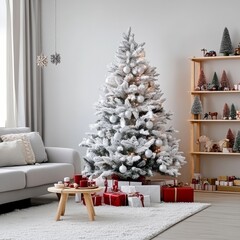 The minimalist room showcases a snowy Christmas tree beside a sofa, with red and white wrapped gifts underneath, epitomizing modern festive decor.