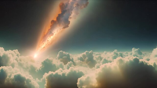 A massive asteroid enters the Earth's atmosphere, creating a fiery explosion and a shock wave that spells disaster for the planet below.