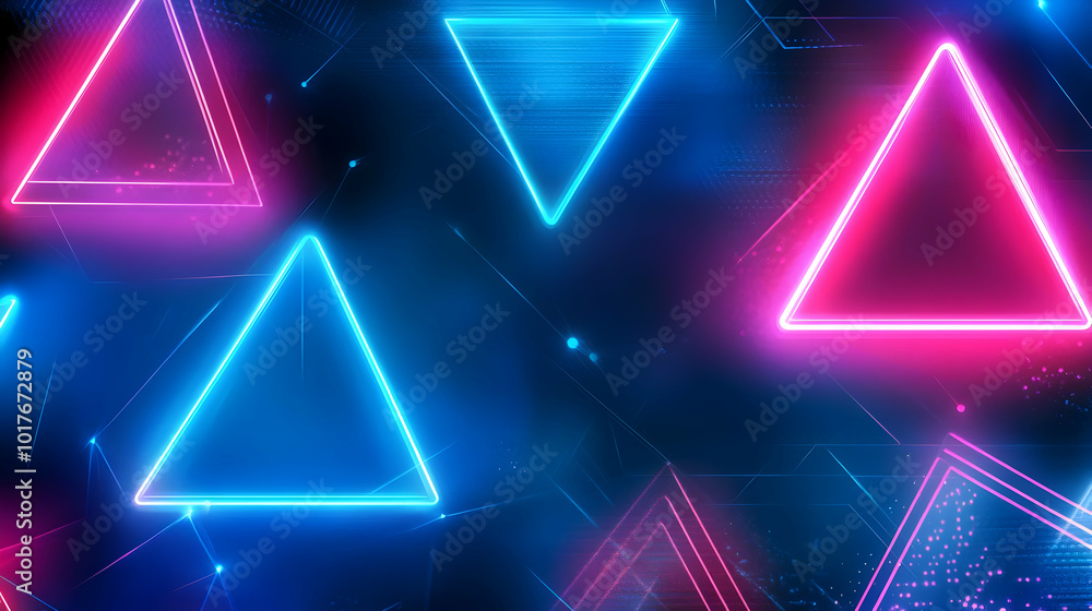 Poster abstract neon triangle shapes glowing in a dark digital background with a futuristic vibe