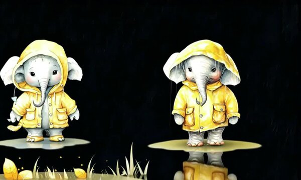 Deux &eacute;l&eacute;phants en duffle coats sautant dans des flaques d'eau, illustration chibi kawa&iuml; mignonne et joyeuse