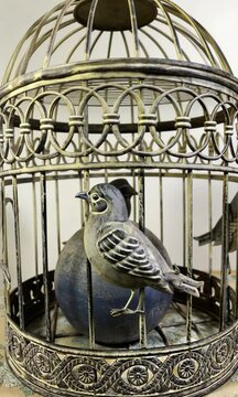 Oiseau en m&eacute;tal dans une cage ornementale, prenant vie et mouvement, d&eacute;coration vintage et artistique