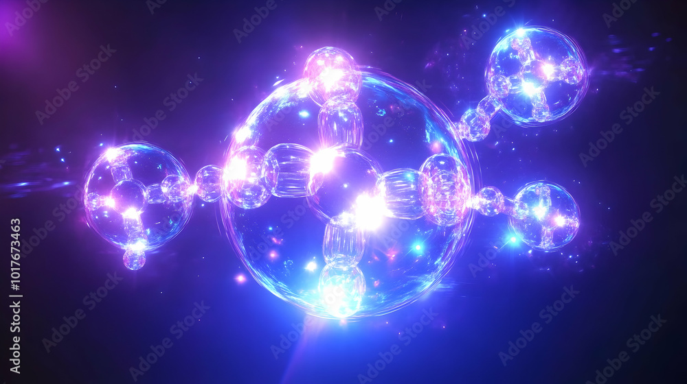 Poster abstract 3d render of interconnected glowing spheres with a cosmic background