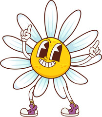 Groovy daisy chamomile flower character. Cartoon vector charming hippie camomile blossom with white petals, cheerful expression and retro sneakers exudes joy, positivity, and playful summer vibes