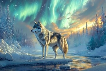 A wolf stands by a stream under the northern lights.