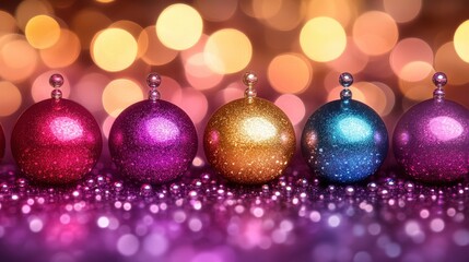 Fototapeta premium Glittering Colorful Christmas Ornaments In Festive Bokeh Lights Display For Holiday Decoration And Celebration