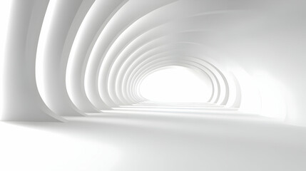 Abstract 3D Render of a White Tunnel with Archways,  Creating a Geometric and Minimalist  Design with a Bright Light at the End