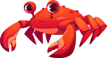 Cartoon crab character with red claws, expressive eyes and a big, friendly smile. Vector vibrant, cheerful marine crustacean animal personage for use in children sea and ocean themed books or games