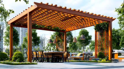 Obraz premium Wooden Lattice Roof Over Outdoor Dining Area