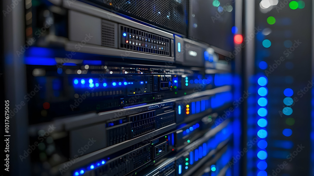 Poster close-up view of a server rack with blue indicator lights illuminating the equipment, highlighting t