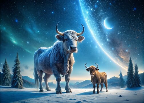 Frosty Ymir and Audumbla Under a Starry Sky - Low Light Fantasy Scene