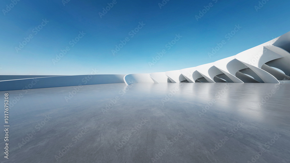 Aufkleber 3d render of white futuristic architecture, abstract wavy structure with empty concrete floor