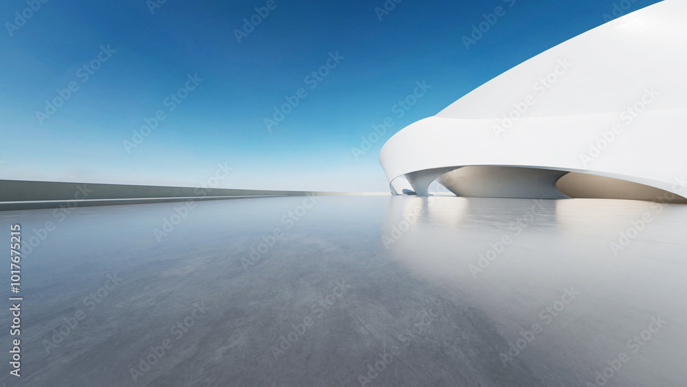 Poster 3d render of white futuristic architecture, abstract wavy structure with empty concrete floor