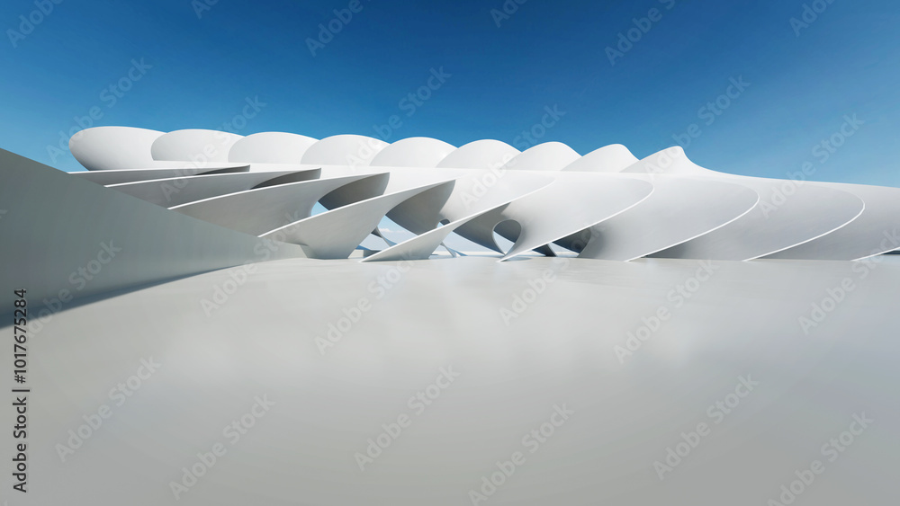 Wall mural 3d render of white futuristic architecture, abstract wavy structure with empty concrete floor