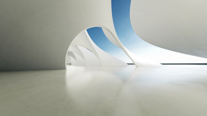 3d render of white futuristic architecture, abstract wavy structure with empty concrete floor