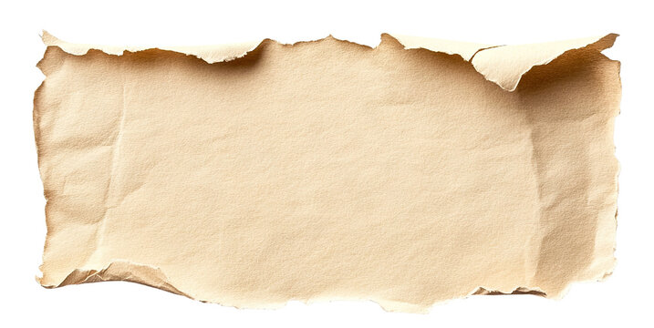 Torn beige paper with curled edges, isolated on transparent cutout background