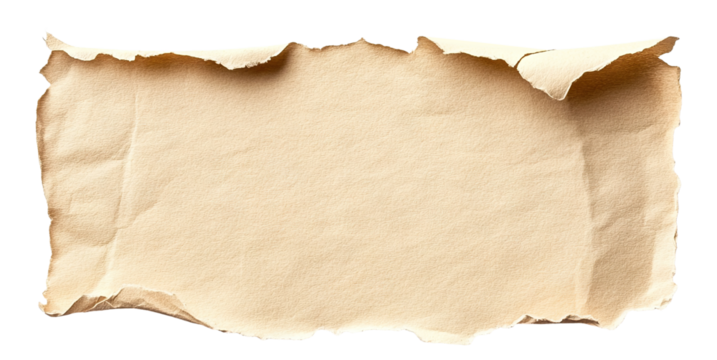 Torn beige paper with curled edges, isolated on transparent cutout background