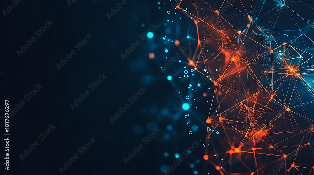 Poster abstract blue and orange network of lines and points on a dark background.