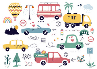 a fashionable drawing of cars. A transport set for children. A template with of toy cars, road signs,  tree. for print, paper, banners. art png illustration.