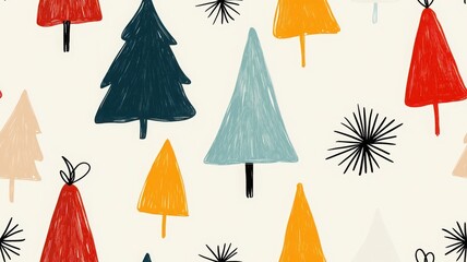 A whimsical pattern featuring colorful, stylized trees and abstract shapes suitable for festive designs or backgrounds.