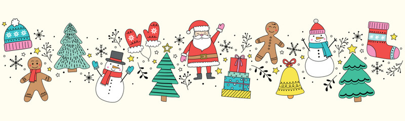 Christmas banner with hand drawn ornaments. Vector illustration