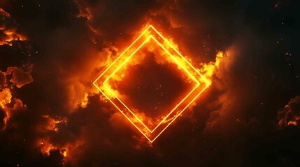 Fototapeta premium Orange and Yellow Neon Light with Cloud Formation. Diamond shaped Fluorescent Frame in Dark Environment. 