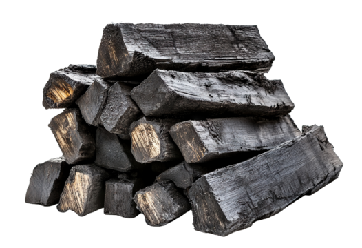 Pile of black charcoal logs with burnt edges, isolated on transparent cutout background