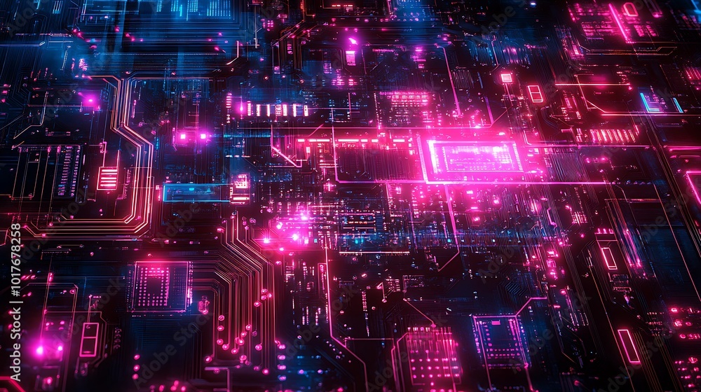 Poster abstract glowing neon circuit board background with pink and blue light.