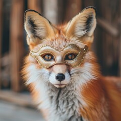 Naklejka premium fox wearing an elegant gold mask, adding a touch of fantasy and charm to the scene, set against a rustic backdrop