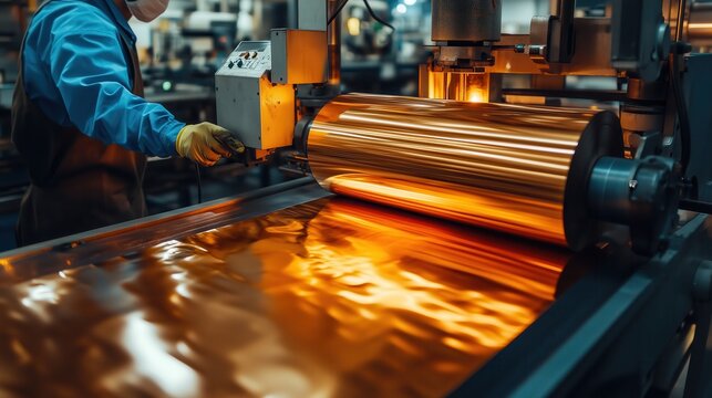 Worker operates a copper foil roll machine in a manufacturing facility, showcasing the precision and technology involved in metal processing and production.