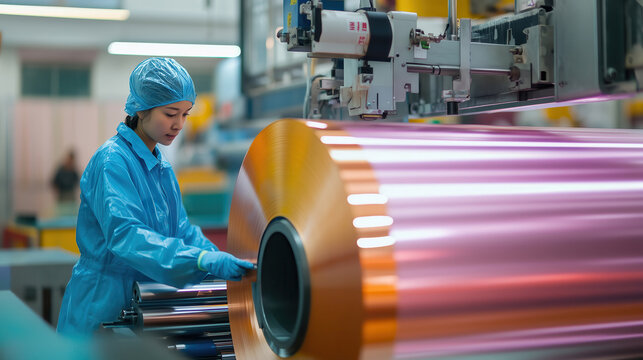 Worker monitors the copper foil production process in a factory environment, highlighting advanced machinery and industry practices for quality manufacturing.