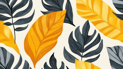 A vibrant pattern featuring dark and yellow leaves on a light background, showcasing a mix of tropical and seasonal foliage.