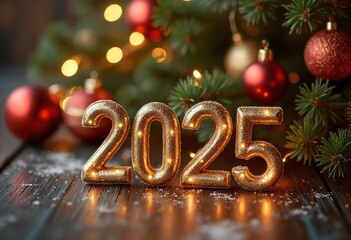 2025 new year celebration background with christmas tree ornaments