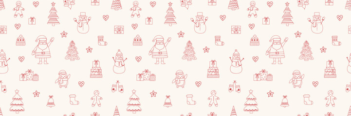 Christmas seamless texture with cute cartoon decorations. Vector illustration