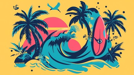 Colorful illustration of a wave crashing on a beach with a surfboard, palm trees, and a sunset in the background.