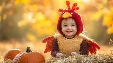 Toddler in Oversized Turkey Costume Smiling Happy