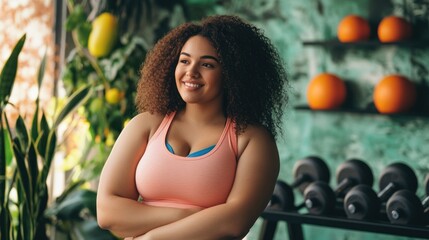 Overweight young woman in fitness journey Popular in wellness and fitness industries, focusing on inclusive health journeys for overweight individuals.