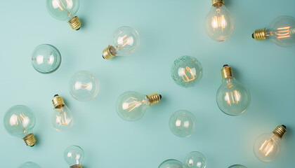 Fototapeta premium Vintage and modern lamp bulbs on light blue background, flat lay. Space for text