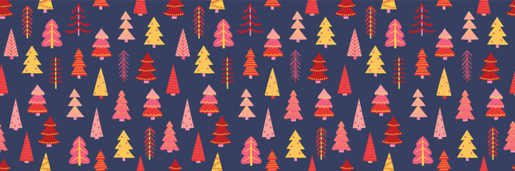 Obraz premium Colourful Christmas tree background. Seamless pattern design in cartoon style. Vector illustration