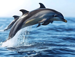Fototapeta premium Two dolphins leap from the water, creating a splash and showing off their sleek, grey and white bodies.