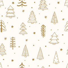Christmas seamless pattern with cartoon trees and snowflakes. Wallpaper and wrapping paper design. Vector illustration